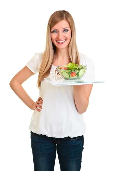 Žena se salátem a váhy izolovaných na bílém — Stock fotografie