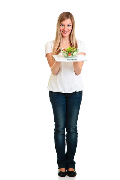 Mulher com salada e escamas isoladas em branco — Fotografia de Stock