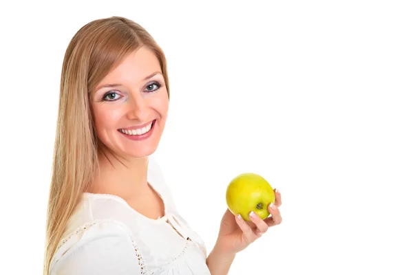 Blond caucasiam woman holding fruits isolated — Stock Photo, Image
