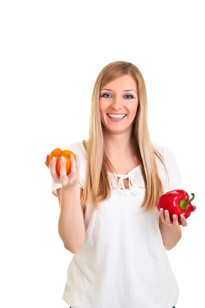 Blond caucasiam woman holding fruits isolated — Stock Photo, Image