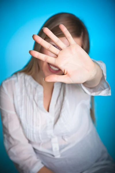 Woman covers with hand — Stock Photo, Image