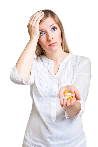 Kvinne som holder legemidler på nøytral Bg – stockfoto