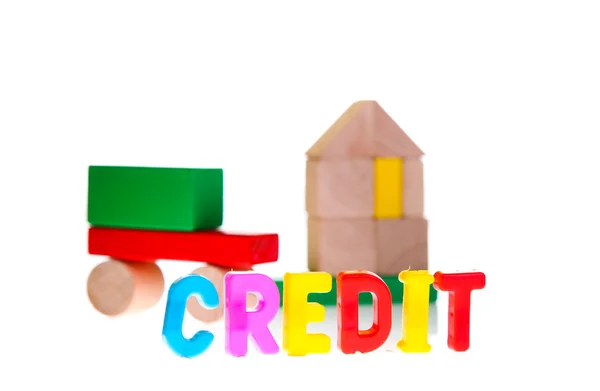Conceito de dívida e crédito de blocos de brinquedo — Fotografia de Stock