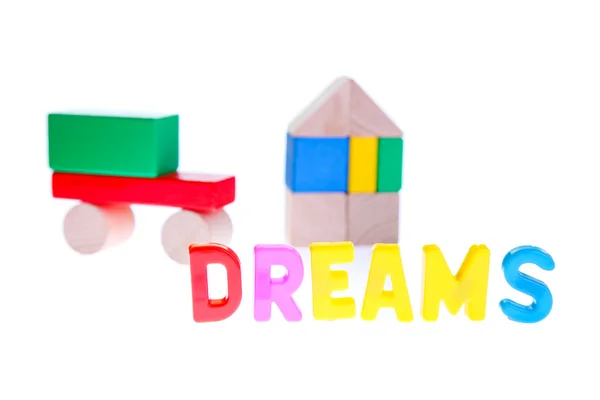 Drömmar, familj och begrepp från leksak block — Stockfoto