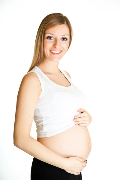 Mujer embarazada fitness aislado en blanco — Foto de Stock