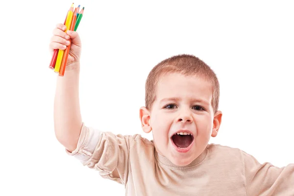 Ευτυχισμένο αγόρι με μολύβια χρώματος — Φωτογραφία Αρχείου