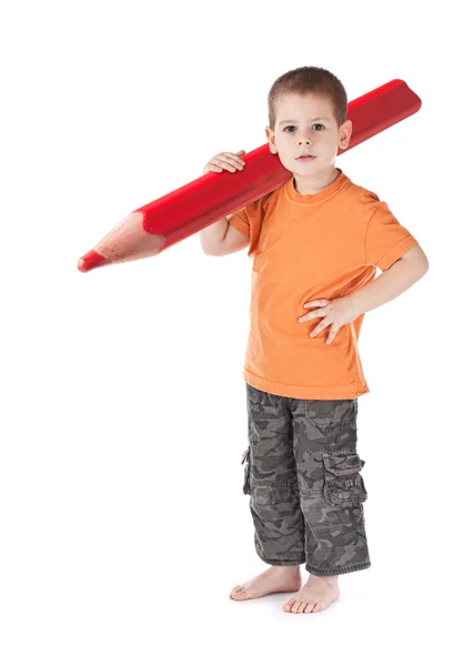 Mały chłopiec odrobina duży ołówek — Zdjęcie stockowe