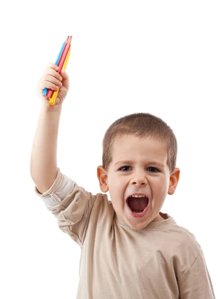 Ευτυχισμένο αγόρι με μολύβια χρώματος — Φωτογραφία Αρχείου