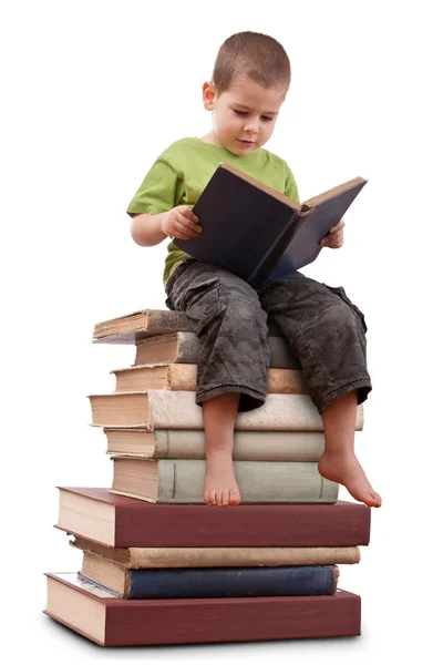 Junge sitzt auf einem großen Stapel Bücher. — Stockfoto