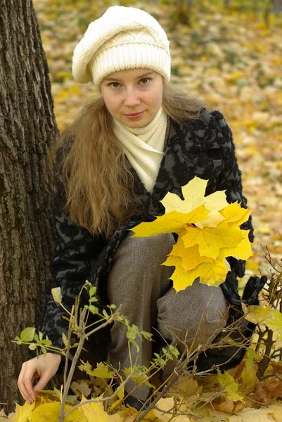 Chica con hojas de arce — Foto de Stock