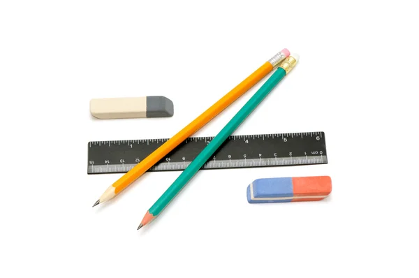 铅笔、 橡皮和标尺 — 图库照片