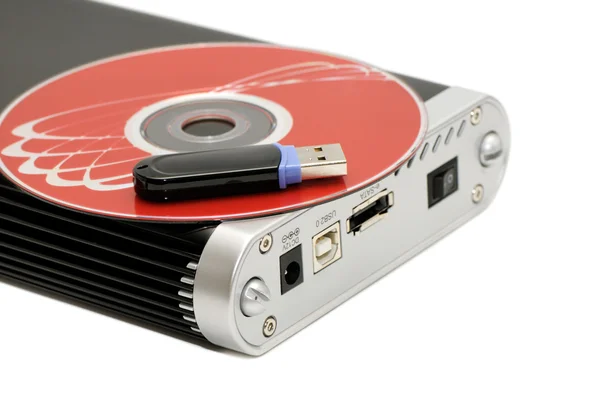 Disco duro, memoria flash y disco de computadora — Foto de Stock