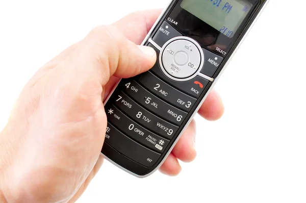 Ruka Držící Bezdrátový Telefon Izolovaných Bílém — Stock fotografie