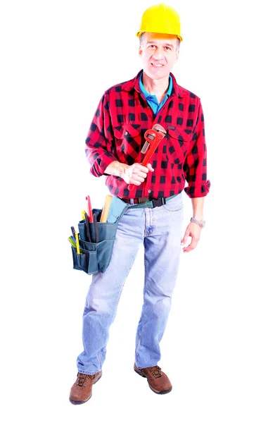 Matured Builder Holding Rench Tool Belt Isolated White — Stock Photo, Image
