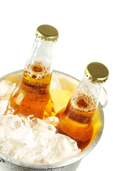 Two Long Neck Bottles Beer Bucket Ice Isolated White Copy — Stock Photo, Image