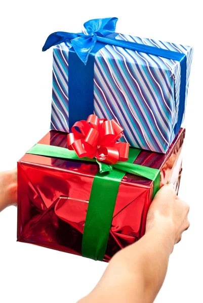 Red and blue gifts boxes — Stock Photo, Image