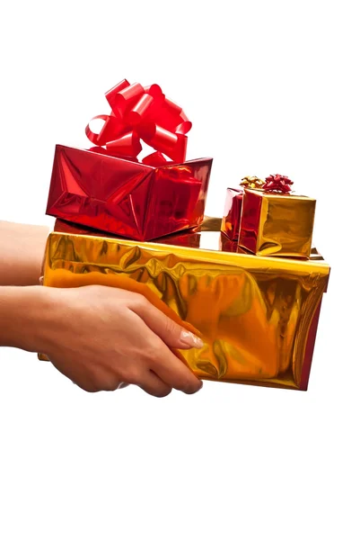 Красные и желтые коробки подарков — стоковое фото