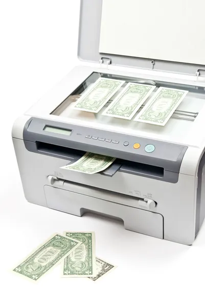 Impressora e dinheiro — Fotografia de Stock
