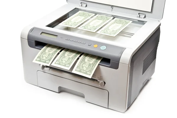 Impressora e dinheiro — Fotografia de Stock