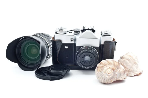 Zwarte Retro Analoge Camera Met Lens Geïsoleerd Wit — Stockfoto