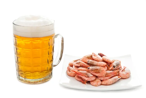 Fresh Cold Beer Glass Fried Shrimps Plate Isolated White — Stock Photo, Image