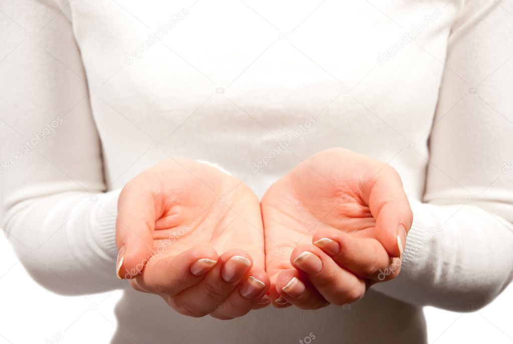 Empty cupped woman hands on white background