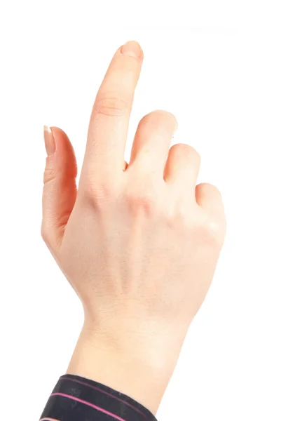 Mão Apontada Feminina Isolado Branco — Fotografia de Stock