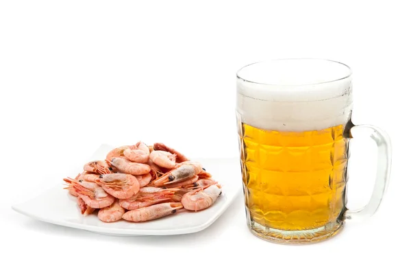 Fresh Cold Beer Glass Fried Shrimps Plate Isolated White — Stock Photo, Image
