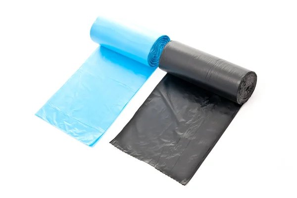 Zwarte Blauwe Warmgewalste Vuilniszakken Geïsoleerd Wit Met Zachte Schaduw — Stockfoto