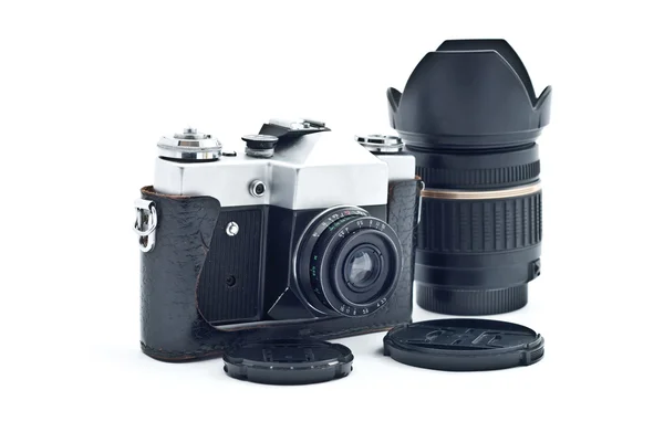 Zwarte Retro Analoge Camera Met Lens Geïsoleerd Wit — Stockfoto