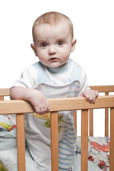 Little Baby Boy Standing Crib — Stock Photo, Image