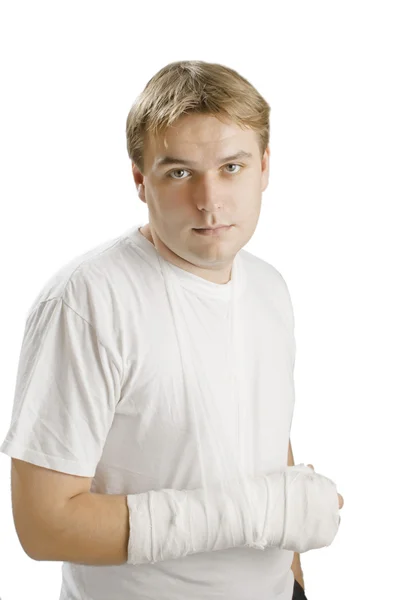 Man Met Een Gebroken Hand Een Witte Achtergrond — Stockfoto