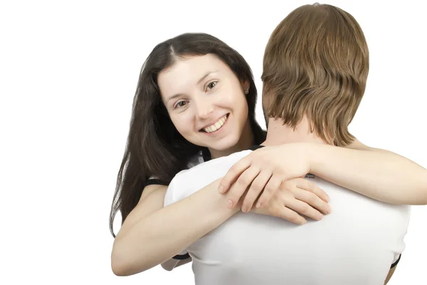 Όμορφη Νεαρή Κοπέλα Που Αγκαλιάζει Νεαρό Άνδρα Λευκό Φόντο — Φωτογραφία Αρχείου