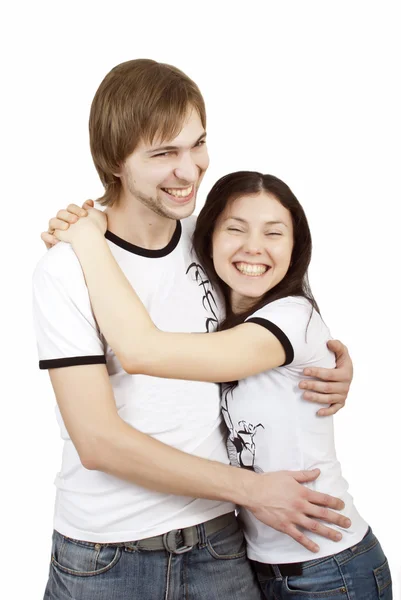 Belo casal ri e abraços — Fotografia de Stock