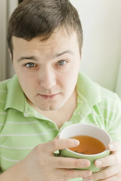 Young Man Drinking Tea Windowsill — Stock Photo, Image