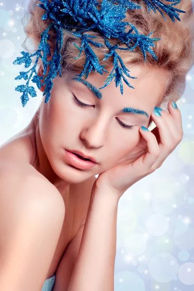 Beautiful Winter Girl Blue Flower Her Hair — Stock Photo, Image