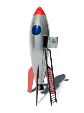 beyaz zemin üzerinde stilize roket 3D çizimi
