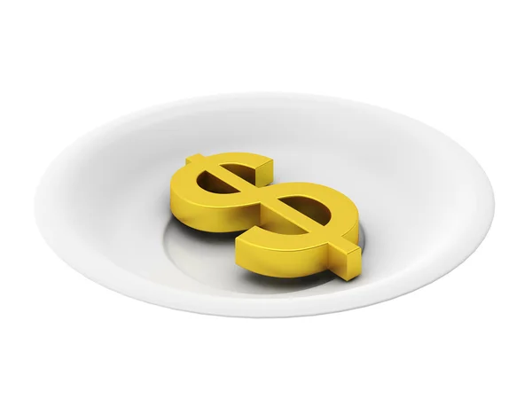 stock image 3d render of golden dollar on plate on white background