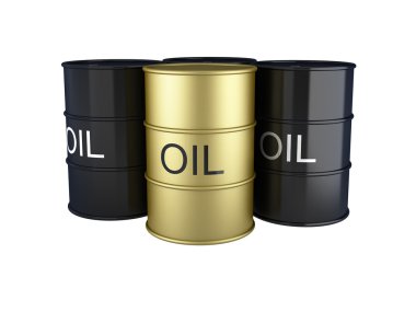 3d render of black and gold oil barrels on white clipart