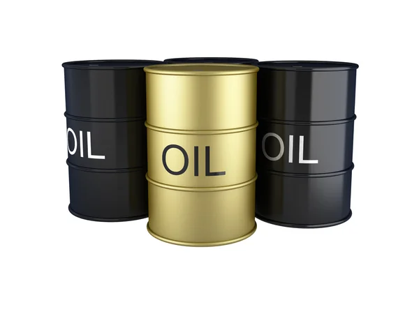 3d render of black and gold oil barrels on white — Stock Photo, Image