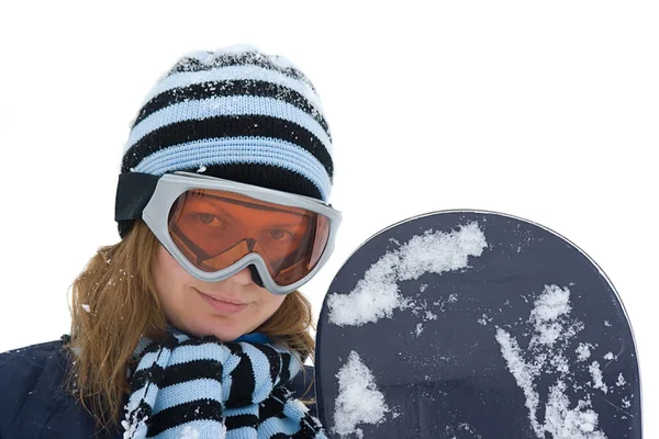 Chica joven con tabla de snowboard. — Stok fotoğraf