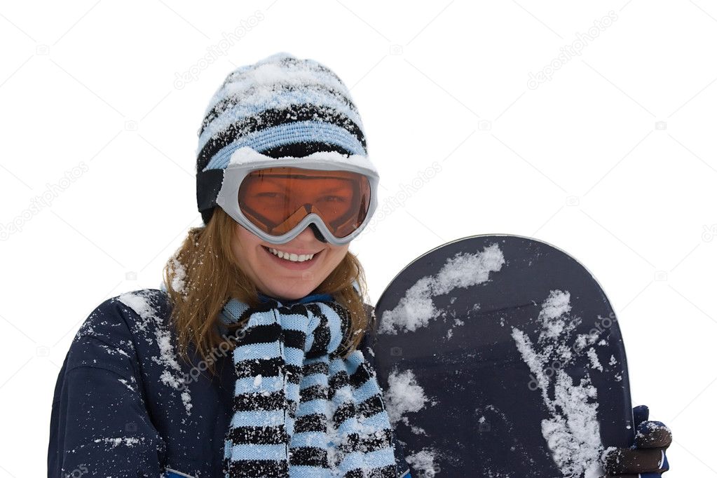 Smiling girl with snowboard.
