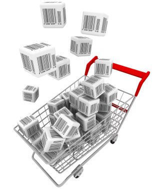 Shopping cart and cubes with bar-codes clipart