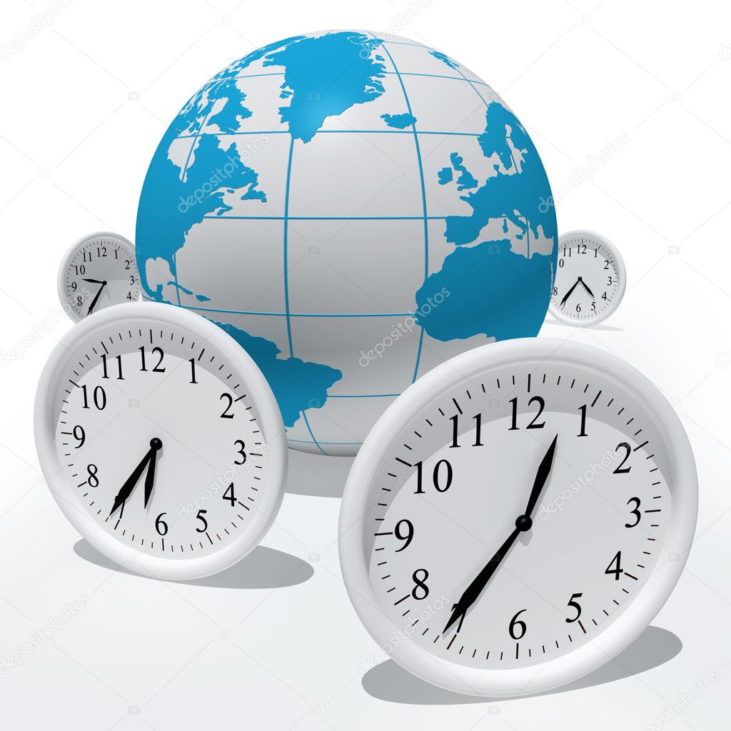 Globe with clocks isolated on white