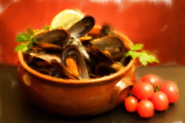 Food Recipes - Bowl with mussels soup - Fine feathered oil paint. clipart