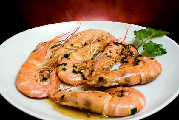 Recettes Alimentaires Quelques Secondes Crevettes Ail Sur Plaque Blanche Studio — Photo