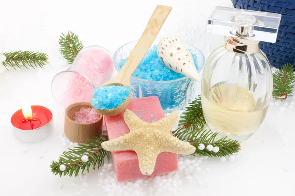 个人护理产品 冬季温泉沐浴盐 葡萄香皂和香水的概念圣诞设置 — 图库照片