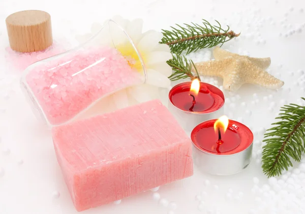 Bodycare Producten Kerstmis Instelling Witte Achtergrond — Stockfoto