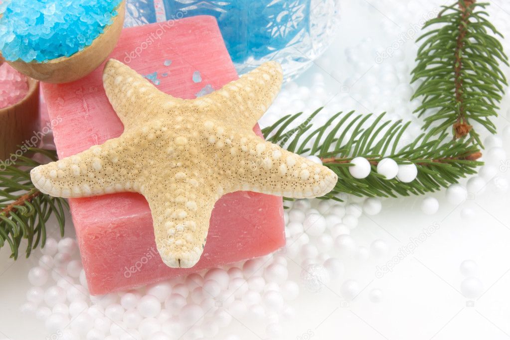 Bodycare products/Winter spa concept - starfish and grapes soap inside a Christmas setting.