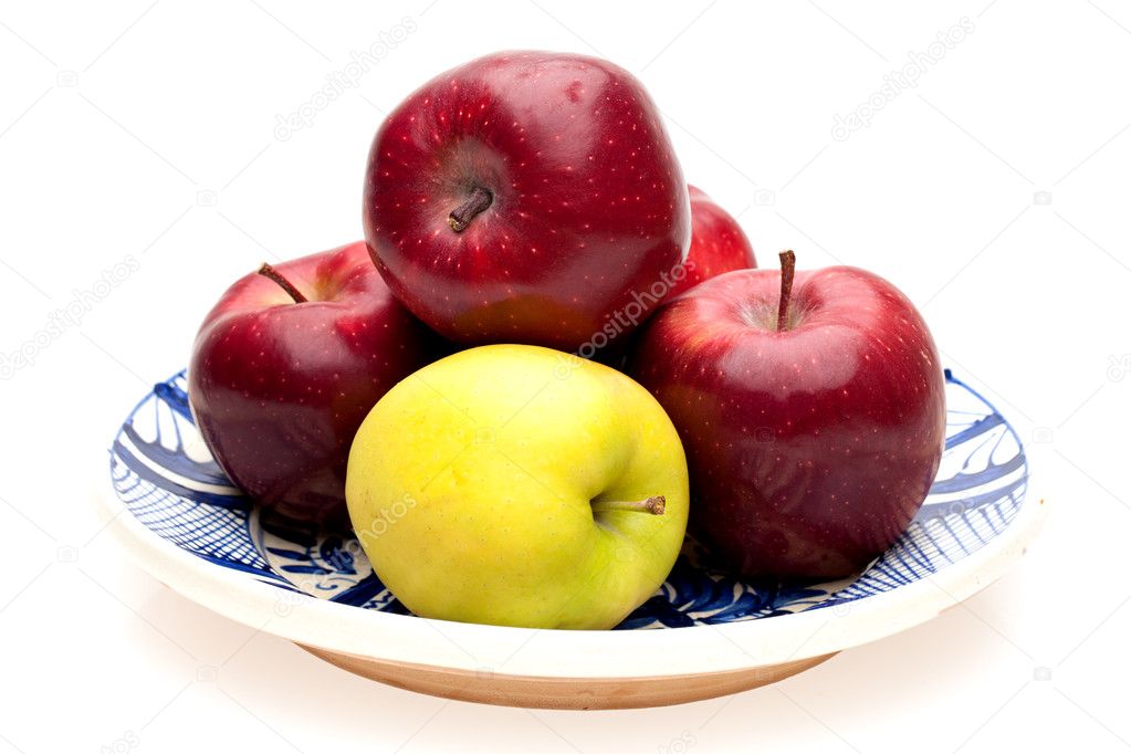 Food - Fruits - Plate with fresh apples isolated on white background.